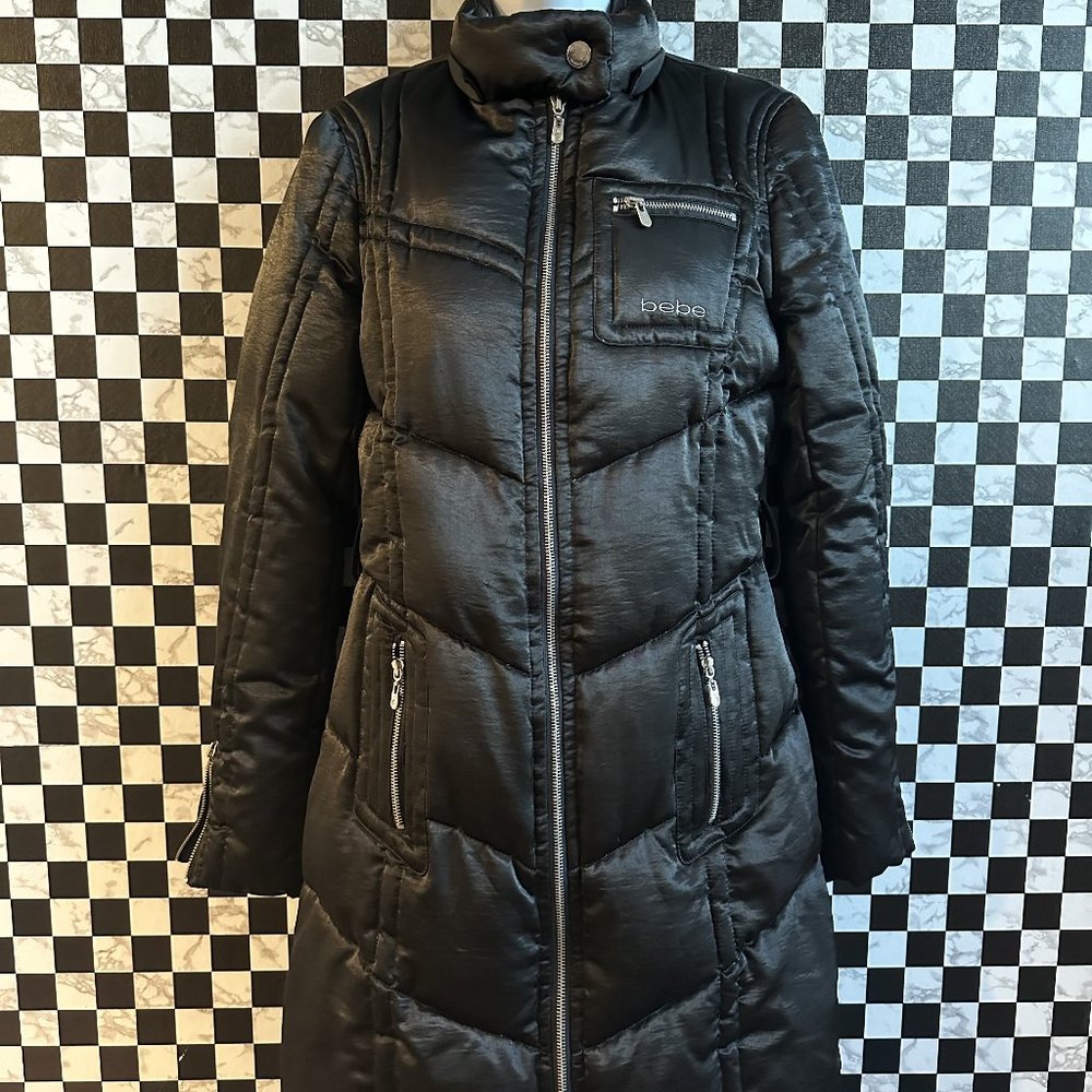 BEBE Long Black Satin Down Puffer Coat SIZE SM